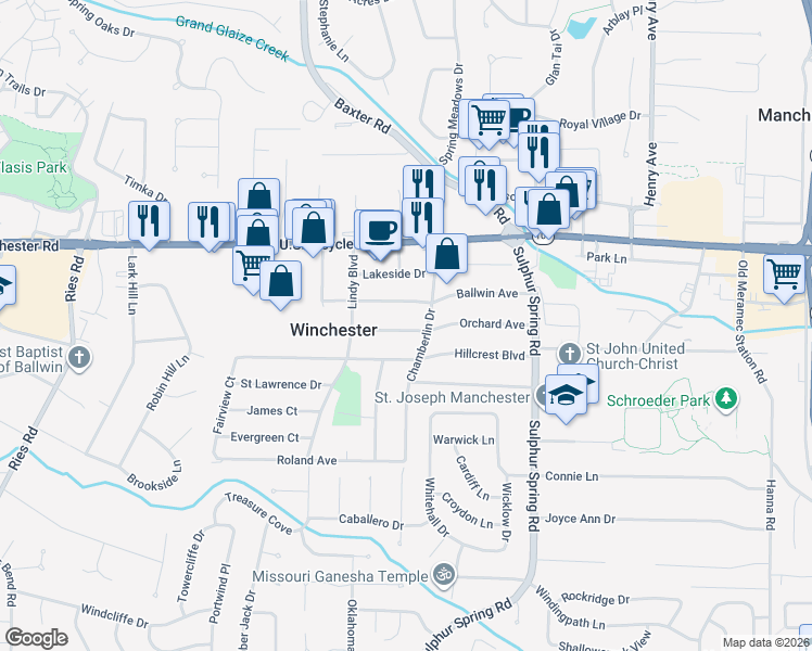 map of restaurants, bars, coffee shops, grocery stores, and more near 245 Orchard Avenue in Ballwin