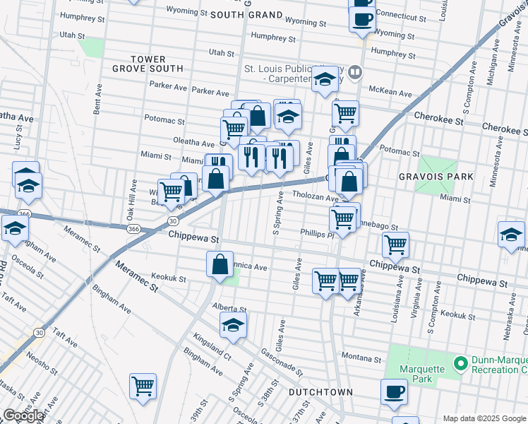 map of restaurants, bars, coffee shops, grocery stores, and more near 3638 Bamberger Avenue in St. Louis
