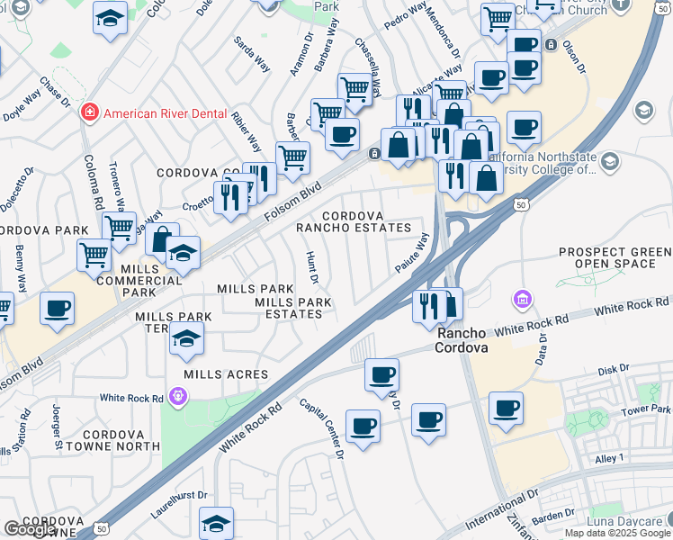 map of restaurants, bars, coffee shops, grocery stores, and more near 2953 Grayson Way in Rancho Cordova