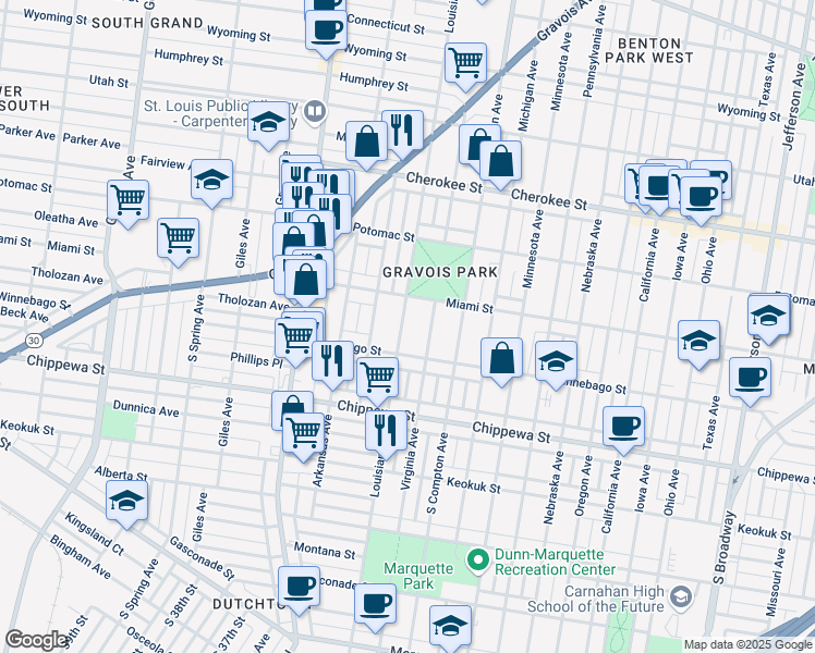 map of restaurants, bars, coffee shops, grocery stores, and more near 3628 Louisiana Avenue in St. Louis