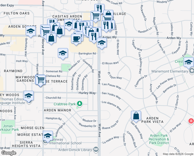 map of restaurants, bars, coffee shops, grocery stores, and more near 1401 Watt Avenue in Sacramento