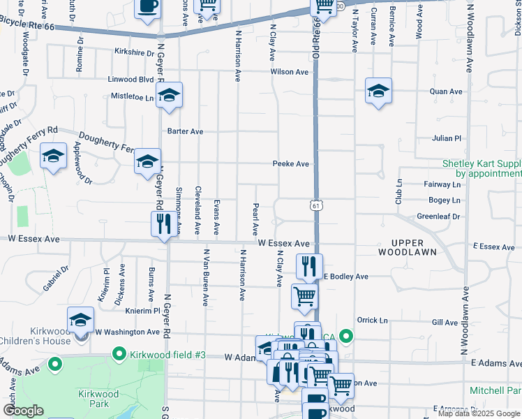 map of restaurants, bars, coffee shops, grocery stores, and more near 640 Pearl Avenue in Kirkwood