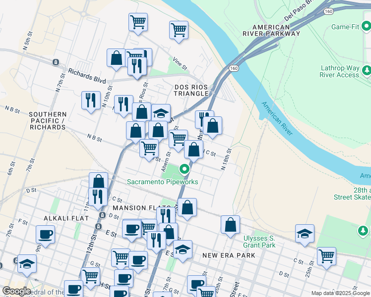 map of restaurants, bars, coffee shops, grocery stores, and more near 1527 North C Street in Sacramento