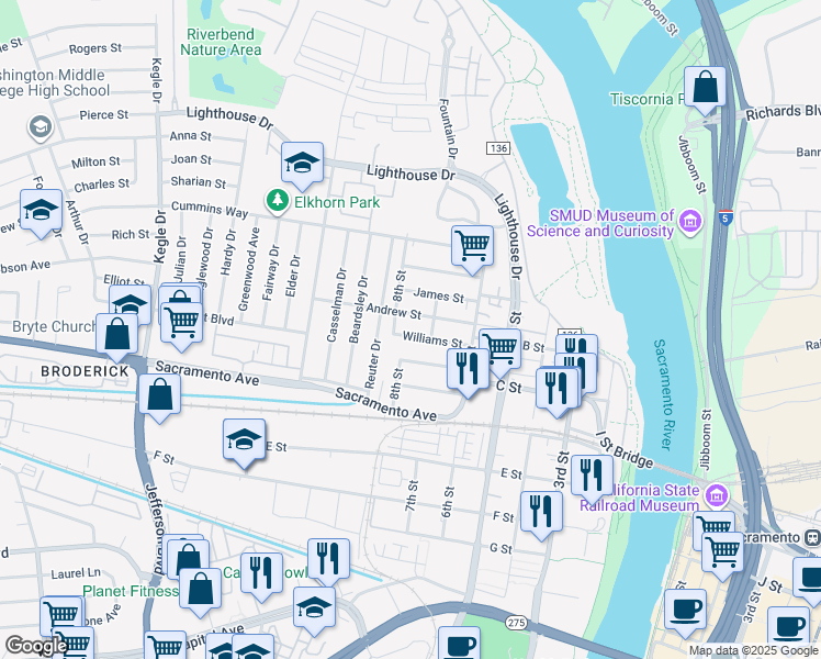 map of restaurants, bars, coffee shops, grocery stores, and more near 636 Williams Street in West Sacramento