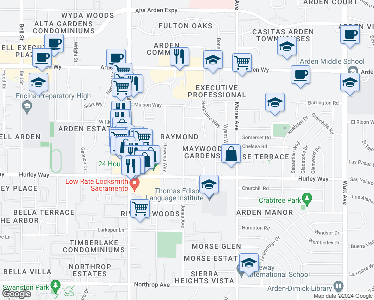 map of restaurants, bars, coffee shops, grocery stores, and more near 1372 Jonas Avenue in Sacramento