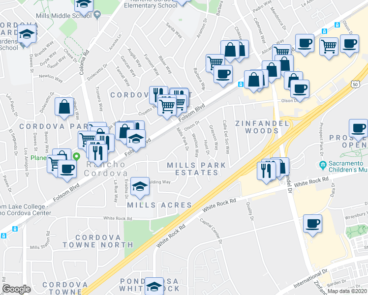 map of restaurants, bars, coffee shops, grocery stores, and more near 10556 Mills Tower Drive in Rancho Cordova