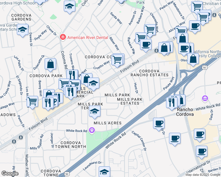 map of restaurants, bars, coffee shops, grocery stores, and more near 10515 Mills Tower Drive in Rancho Cordova