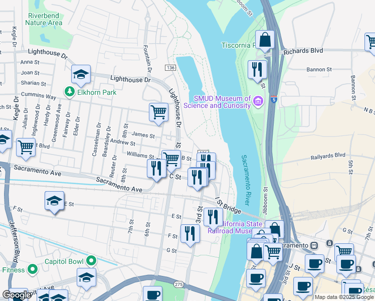 map of restaurants, bars, coffee shops, grocery stores, and more near 420 Midstream Lane in West Sacramento