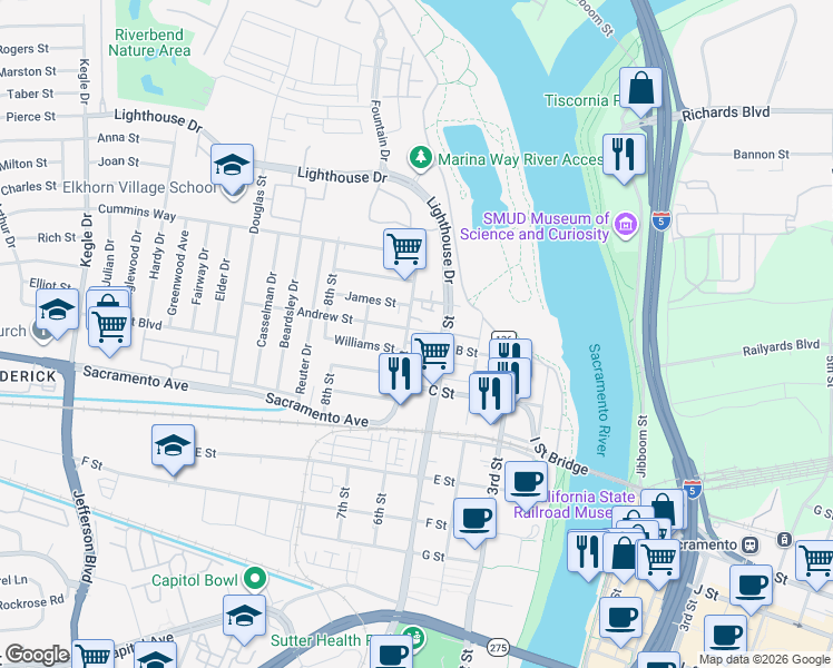 map of restaurants, bars, coffee shops, grocery stores, and more near 514 B Street in West Sacramento