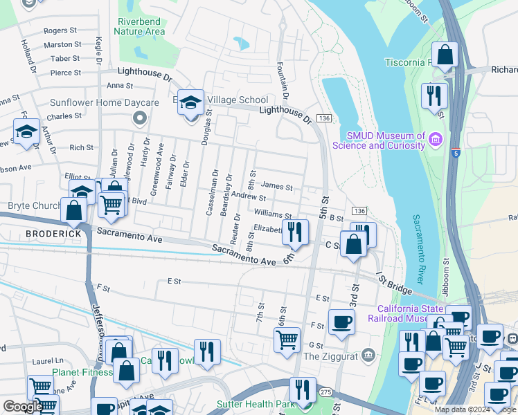 map of restaurants, bars, coffee shops, grocery stores, and more near 636 Williams Street in West Sacramento