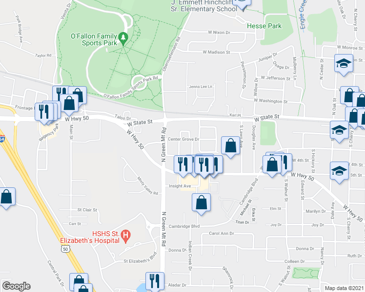 map of restaurants, bars, coffee shops, grocery stores, and more near 257 Eagle Ridge in O'Fallon
