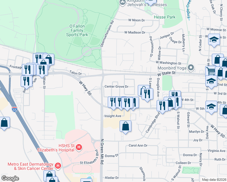 map of restaurants, bars, coffee shops, grocery stores, and more near 257 Eagle Ridge in O'Fallon