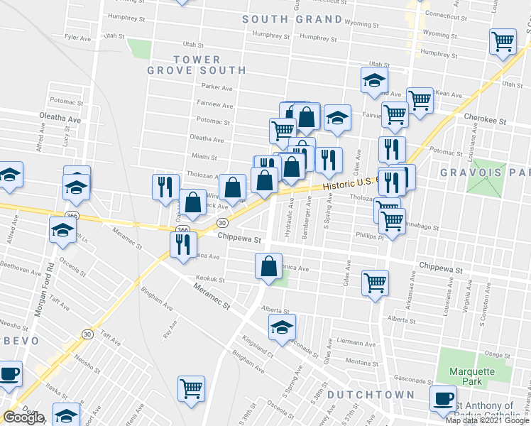map of restaurants, bars, coffee shops, grocery stores, and more near 3627 Gustine Avenue in St. Louis