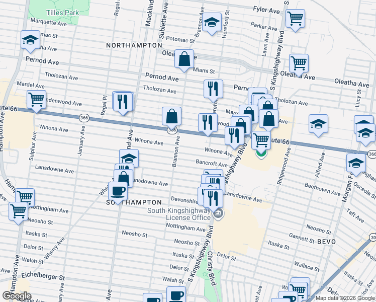 map of restaurants, bars, coffee shops, grocery stores, and more near 5050 Winona Avenue in St. Louis
