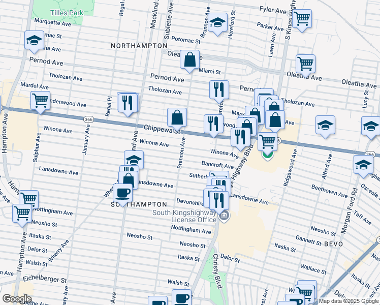 map of restaurants, bars, coffee shops, grocery stores, and more near 5050 Winona Avenue in St. Louis