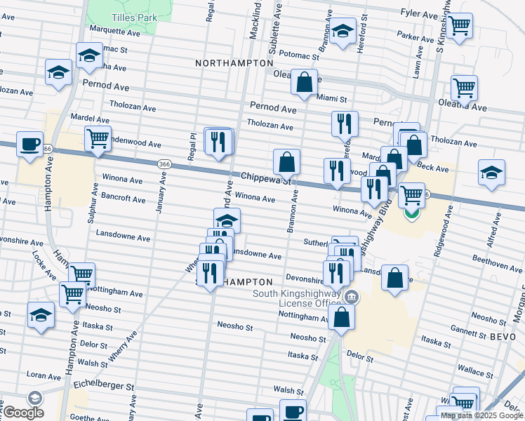 map of restaurants, bars, coffee shops, grocery stores, and more near 5324 Bancroft Avenue in St. Louis