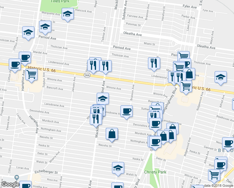 map of restaurants, bars, coffee shops, grocery stores, and more near 5324 Bancroft Avenue in St. Louis