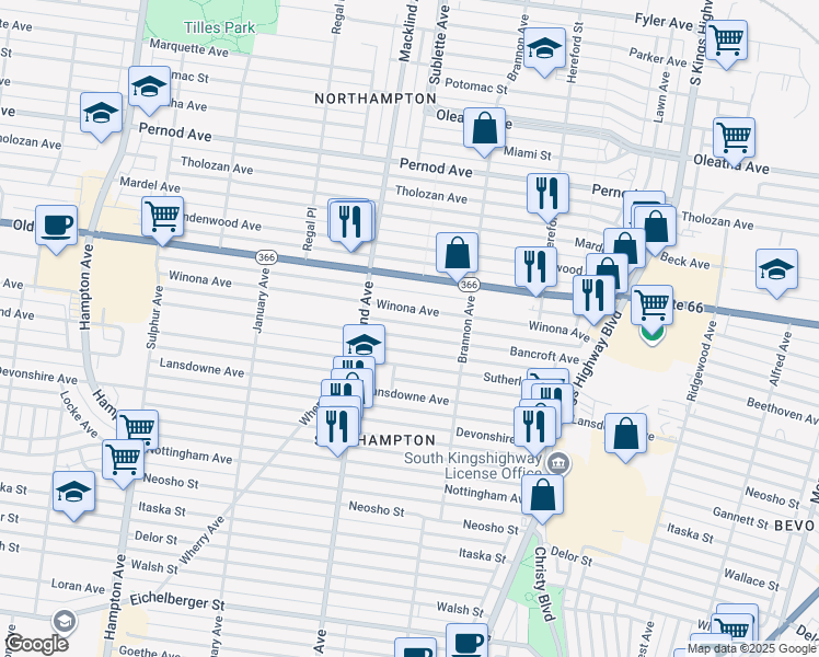 map of restaurants, bars, coffee shops, grocery stores, and more near 5324 Bancroft Avenue in St. Louis