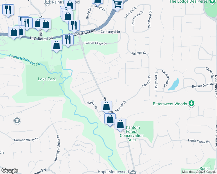 map of restaurants, bars, coffee shops, grocery stores, and more near 3 Tanglewood Trail in Ballwin