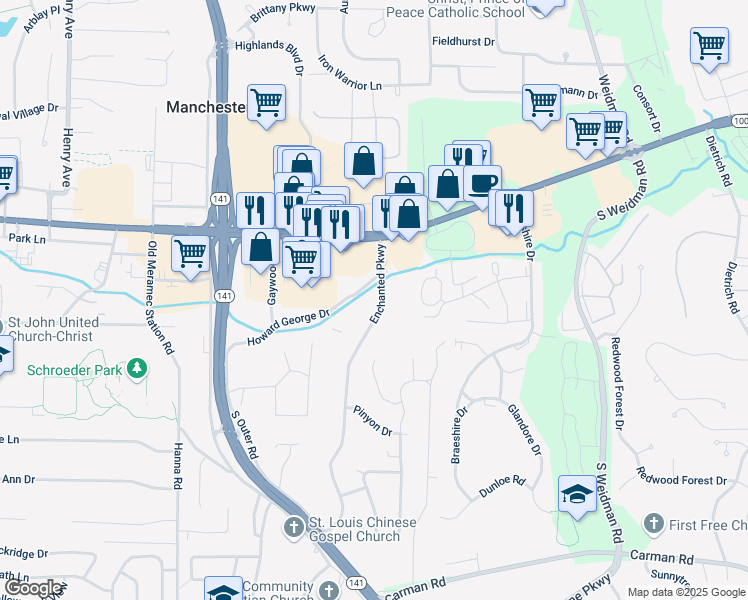 map of restaurants, bars, coffee shops, grocery stores, and more near 207 Enchanted Parkway in Manchester