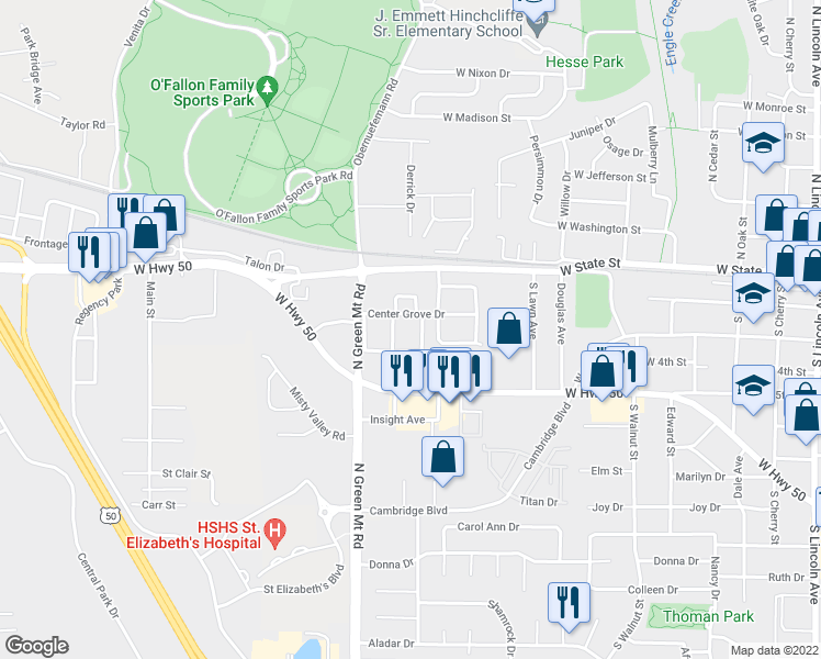map of restaurants, bars, coffee shops, grocery stores, and more near 291 Eagle Ridge in O'Fallon