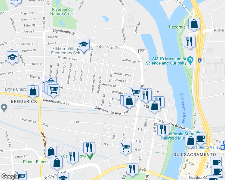 map of restaurants, bars, coffee shops, grocery stores, and more near 636 Williams Street in West Sacramento