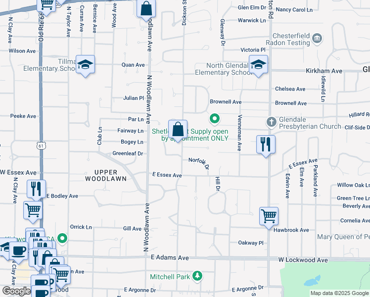 map of restaurants, bars, coffee shops, grocery stores, and more near 708 Dickson Street in Kirkwood