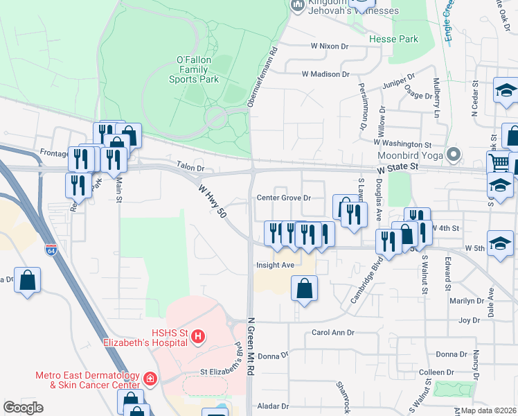 map of restaurants, bars, coffee shops, grocery stores, and more near 173 Eagle Ridge in O'Fallon