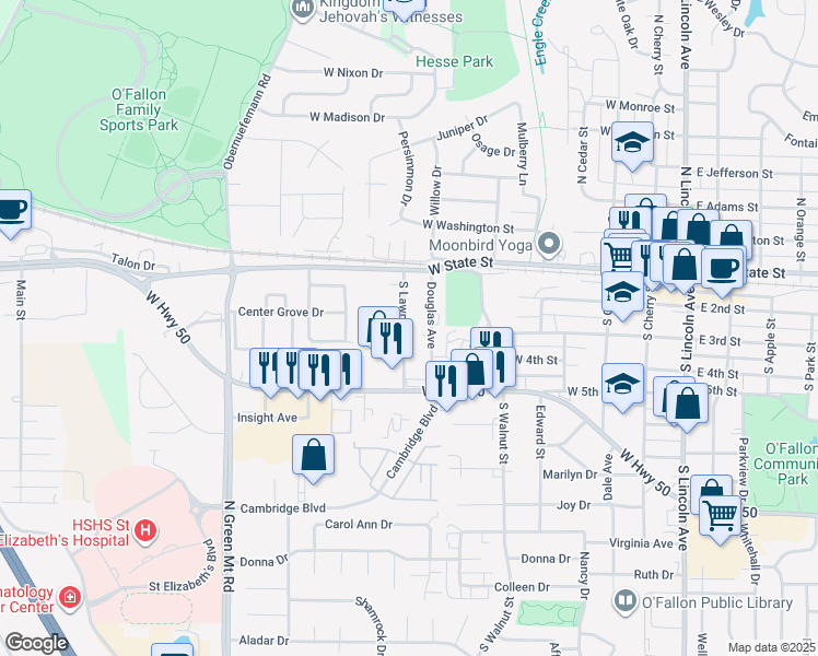map of restaurants, bars, coffee shops, grocery stores, and more near 117 South Lawn Avenue in O'Fallon