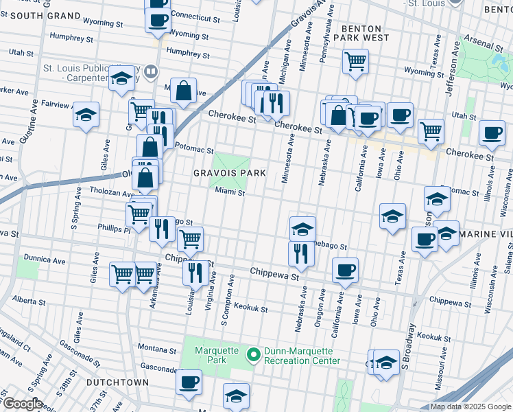 map of restaurants, bars, coffee shops, grocery stores, and more near 3615 Michigan Avenue in St. Louis