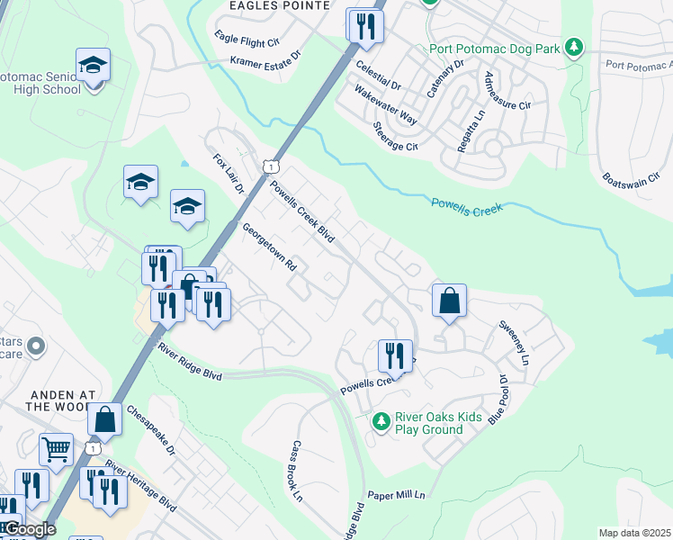 map of restaurants, bars, coffee shops, grocery stores, and more near 16625 Galt Court in Woodbridge