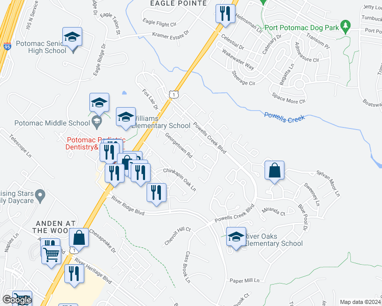 map of restaurants, bars, coffee shops, grocery stores, and more near 16620 Geddy Court in Woodbridge