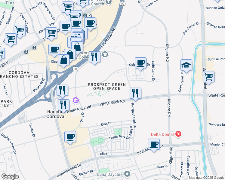 map of restaurants, bars, coffee shops, grocery stores, and more near 10951 White Rock Road in Rancho Cordova