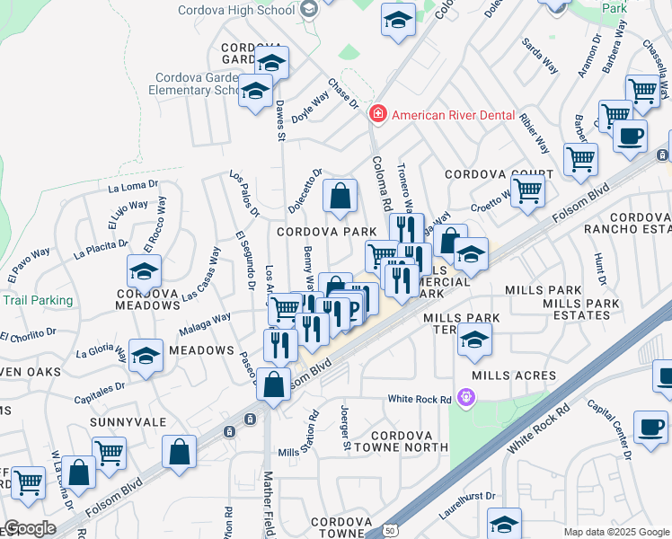 map of restaurants, bars, coffee shops, grocery stores, and more near 2679 Garrett Way in Rancho Cordova