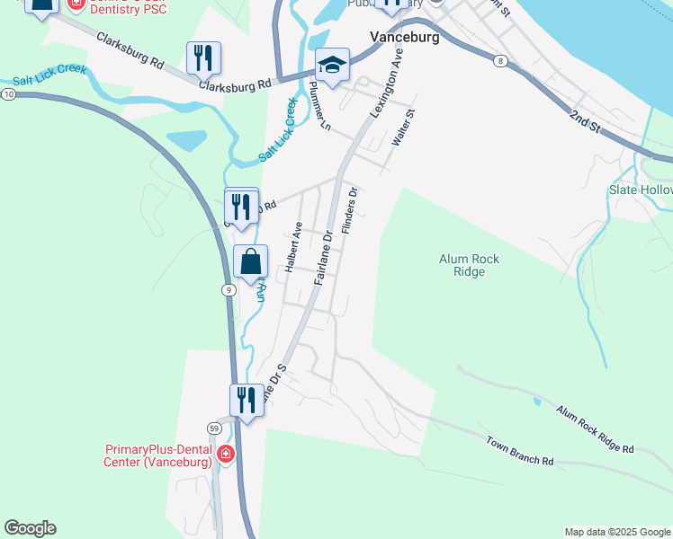 map of restaurants, bars, coffee shops, grocery stores, and more near 266 Flinders Drive in Vanceburg
