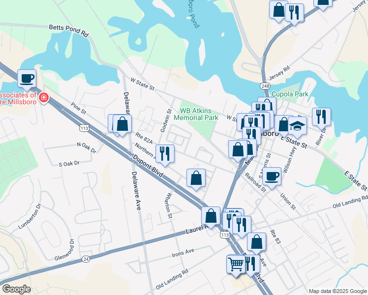 map of restaurants, bars, coffee shops, grocery stores, and more near 275 West Monroe Street in Millsboro