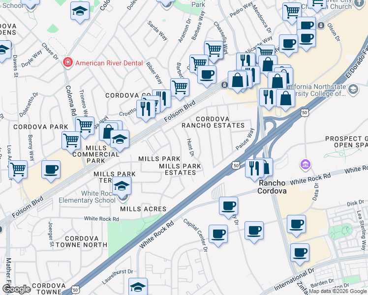 map of restaurants, bars, coffee shops, grocery stores, and more near 2933 Weston Way in Rancho Cordova