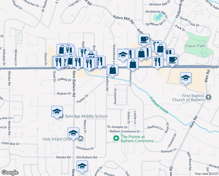 map of restaurants, bars, coffee shops, grocery stores, and more near 124 Old Ballwin Road in Ballwin