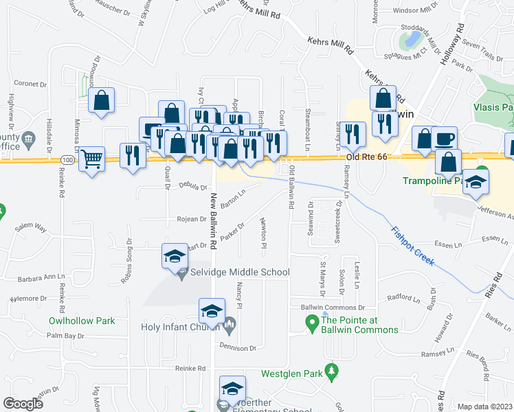 map of restaurants, bars, coffee shops, grocery stores, and more near 613 Parker Drive in Ballwin