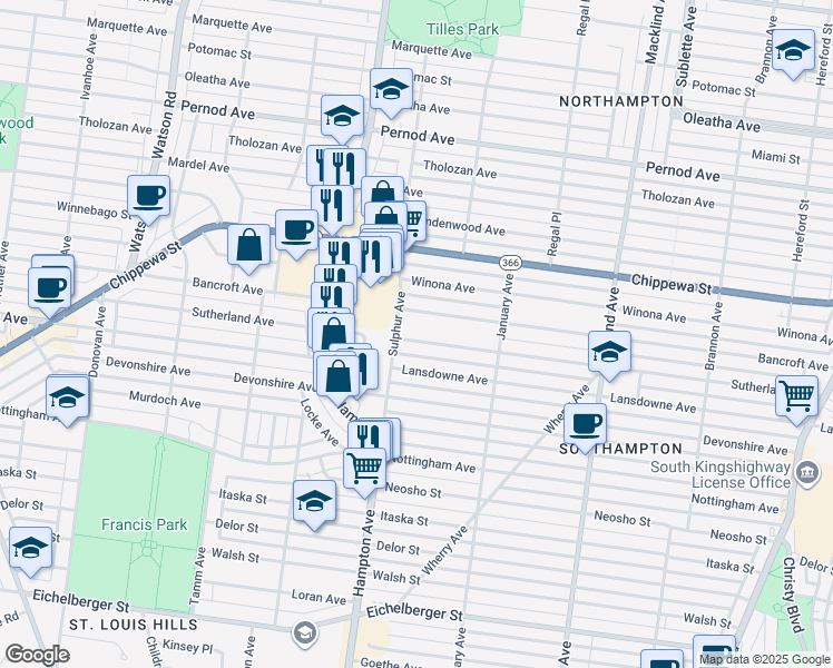 map of restaurants, bars, coffee shops, grocery stores, and more near 5733 Sutherland Avenue in St. Louis