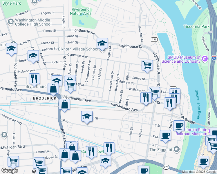 map of restaurants, bars, coffee shops, grocery stores, and more near 890 Casselman Drive in West Sacramento
