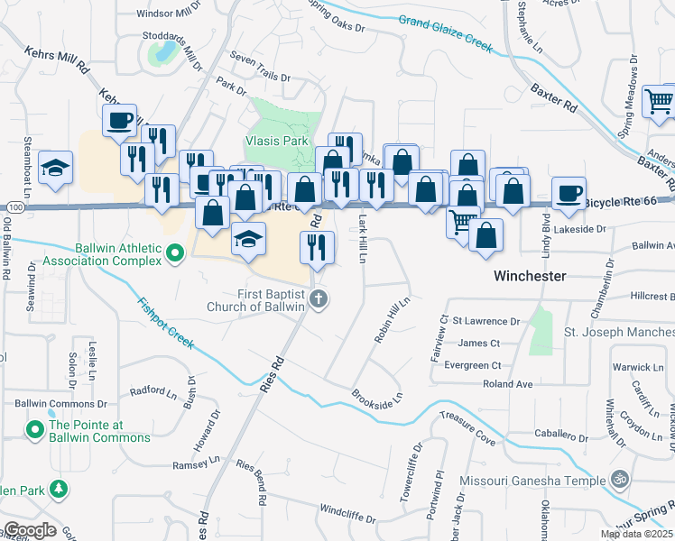 map of restaurants, bars, coffee shops, grocery stores, and more near 170 Ballwin Manor Drive in Ballwin