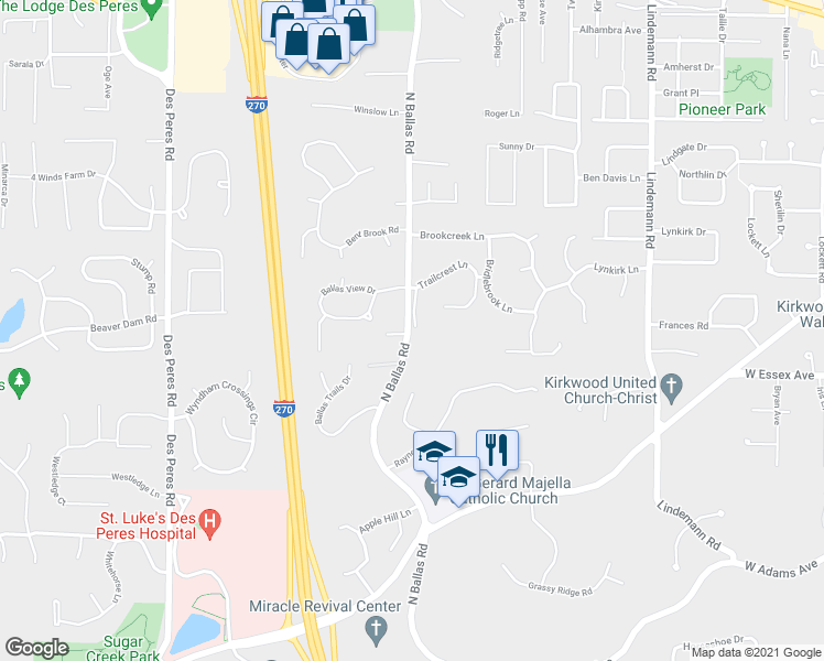 map of restaurants, bars, coffee shops, grocery stores, and more near 688 Trailcrest Court in St. Louis