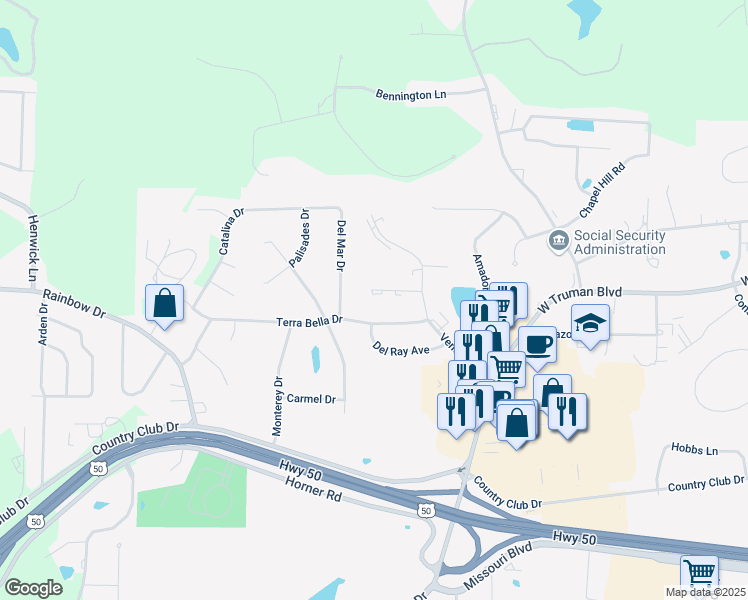 map of restaurants, bars, coffee shops, grocery stores, and more near 3821 Candlelight Drive in Jefferson City