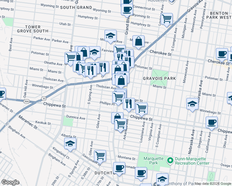 map of restaurants, bars, coffee shops, grocery stores, and more near 3661 South Grand Boulevard in St. Louis