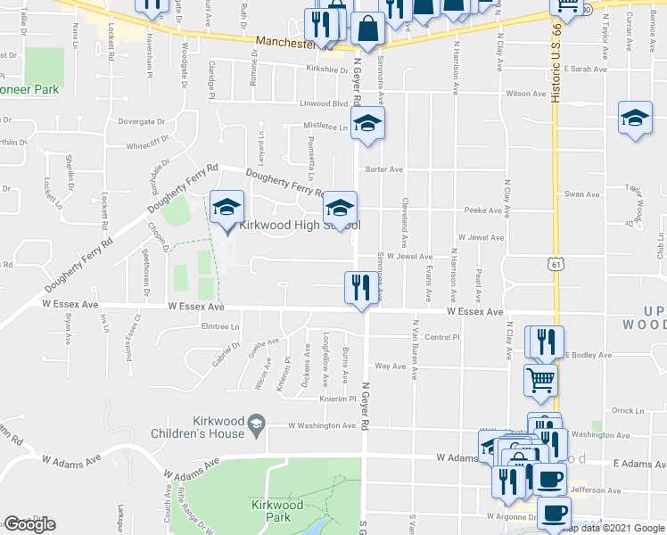 map of restaurants, bars, coffee shops, grocery stores, and more near 520 West Jewel Avenue in Kirkwood