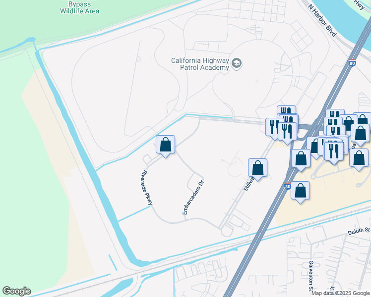map of restaurants, bars, coffee shops, grocery stores, and more near 825 Riverside Parkway in West Sacramento