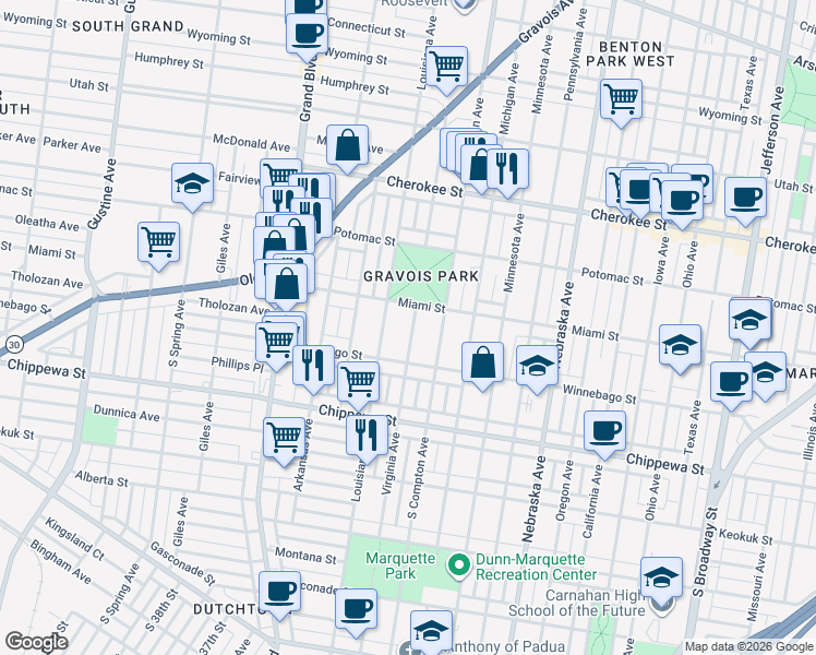 map of restaurants, bars, coffee shops, grocery stores, and more near 3622 Virginia Avenue in St. Louis