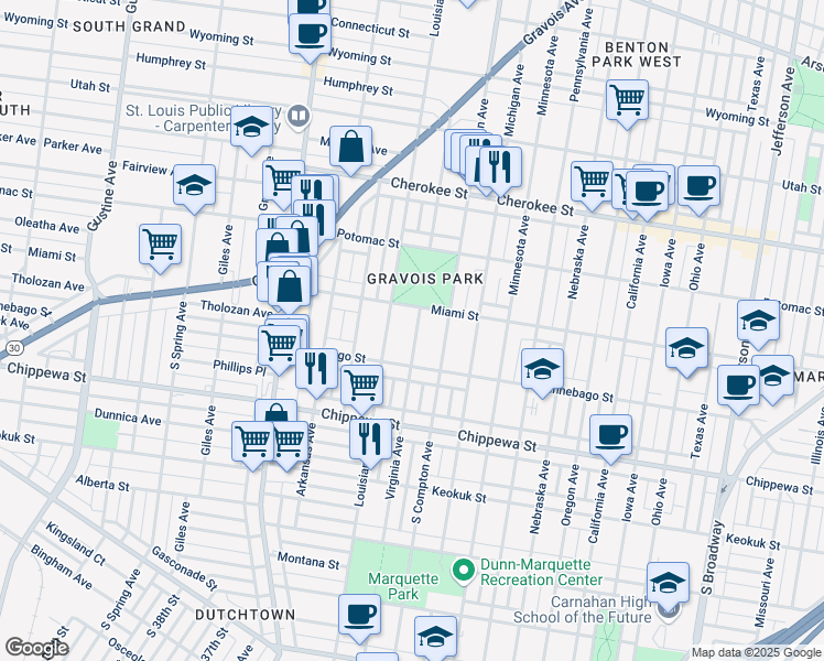map of restaurants, bars, coffee shops, grocery stores, and more near 3625 Virginia Avenue in St. Louis