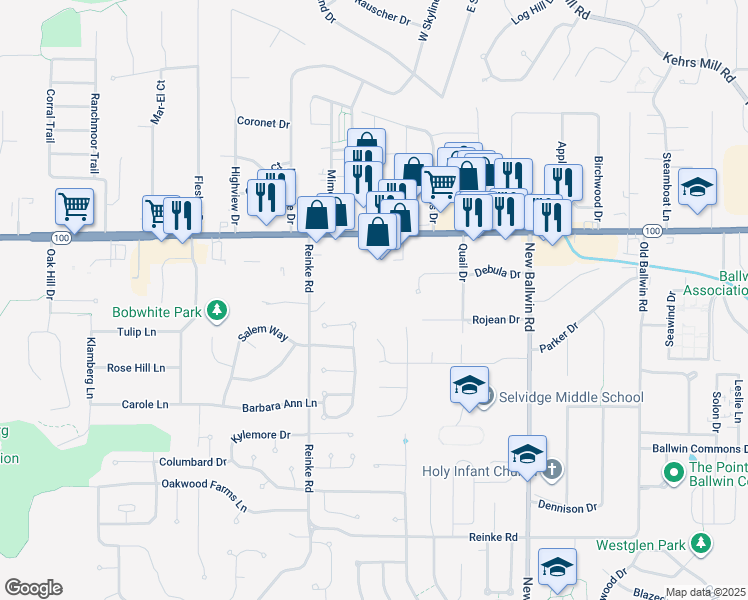 map of restaurants, bars, coffee shops, grocery stores, and more near 27 Reinke Road in Ellisville